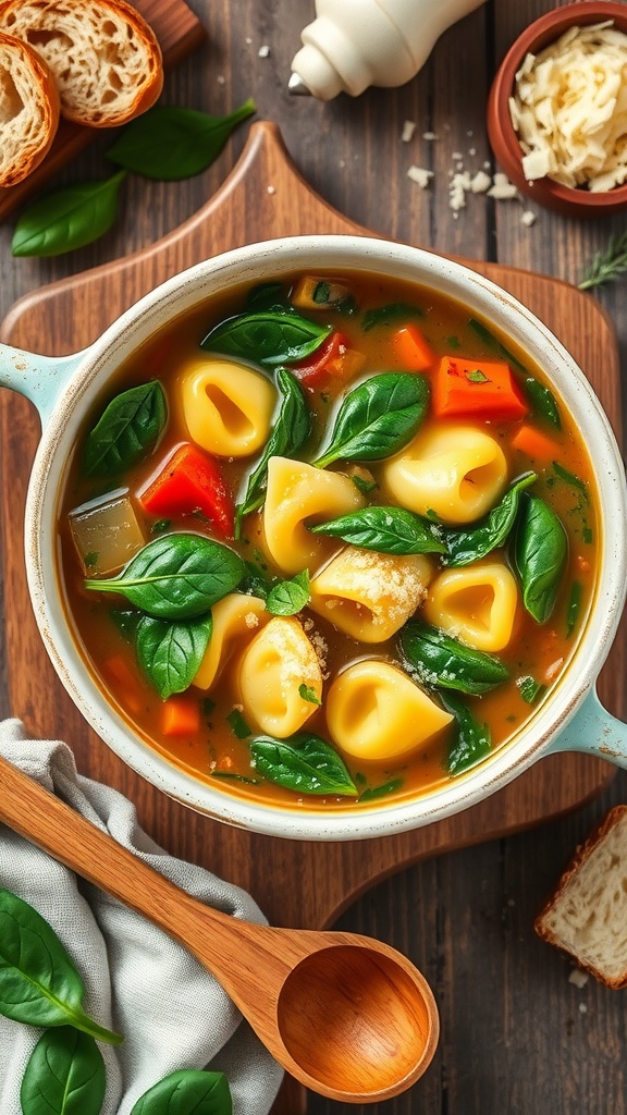 A bowl of spinach tortellini soup with tortellini and spinach in a broth, garnished with Parmesan cheese, on a rustic table.